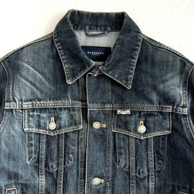 BURBERRY LONDON Denim Jacket Men Vintage Indigo Nova Check Leather