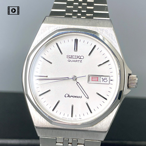 SEIKO Chronos 7433-7040 Quartz Day/Date Silver Mens 34mm Watch Vtg1983  US Stock