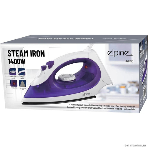1400W Steam Electric Iron Non Stick Soleplate White & Purple Indicator Light New - Picture 2 of 2