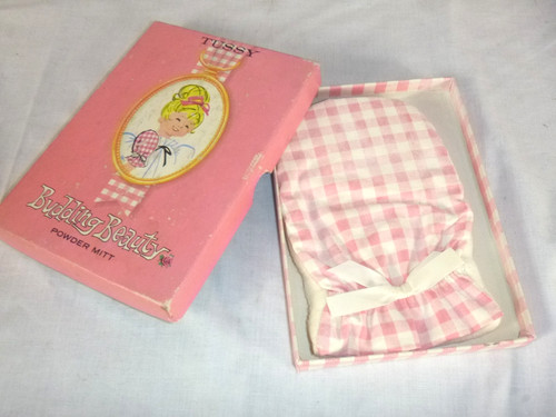 Vtg 60s Tussy Budding Beauty Talcum Powder Mitt Pink Gingham 4x6"