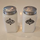 Vintage White Milk Glass Square Salt & Pepper Shaker Set, Metal Lids, 2 Piece