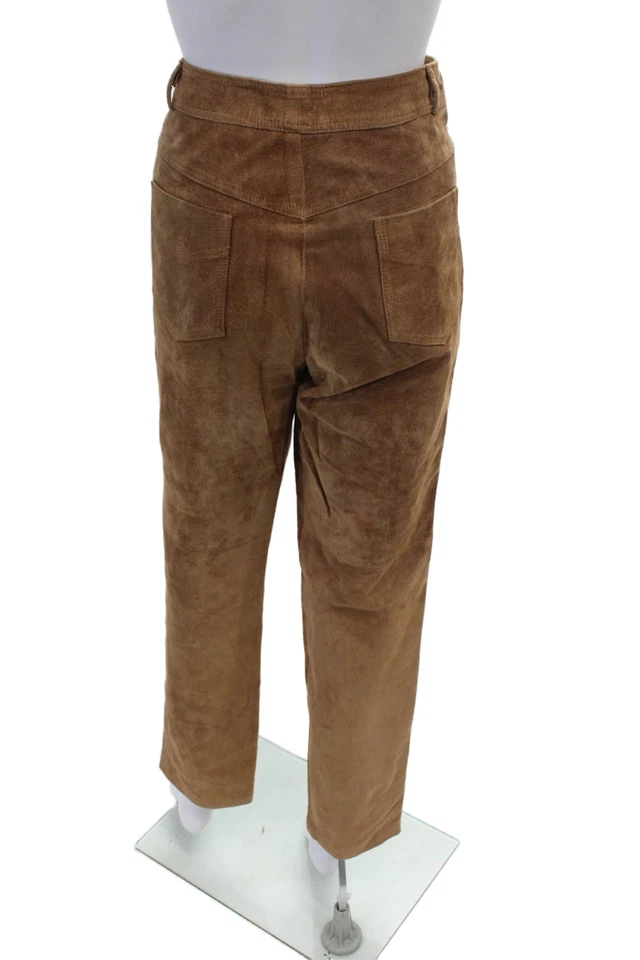 Pantalones de mujer Lillie Rubin gamuza cuero tiro alto pierna recta marrón talla 10 Foto 3 de 4