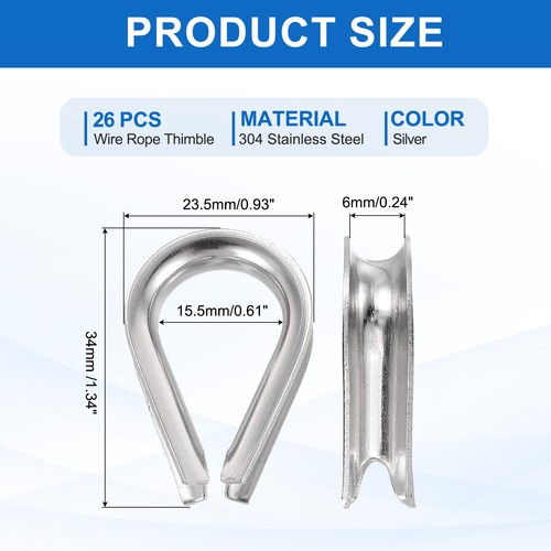 1/4" (6mm) Wire Rope Thimble, 26 Pack 304 Stainless Steel M6 Cable Thimbles - Foto 2 di 7