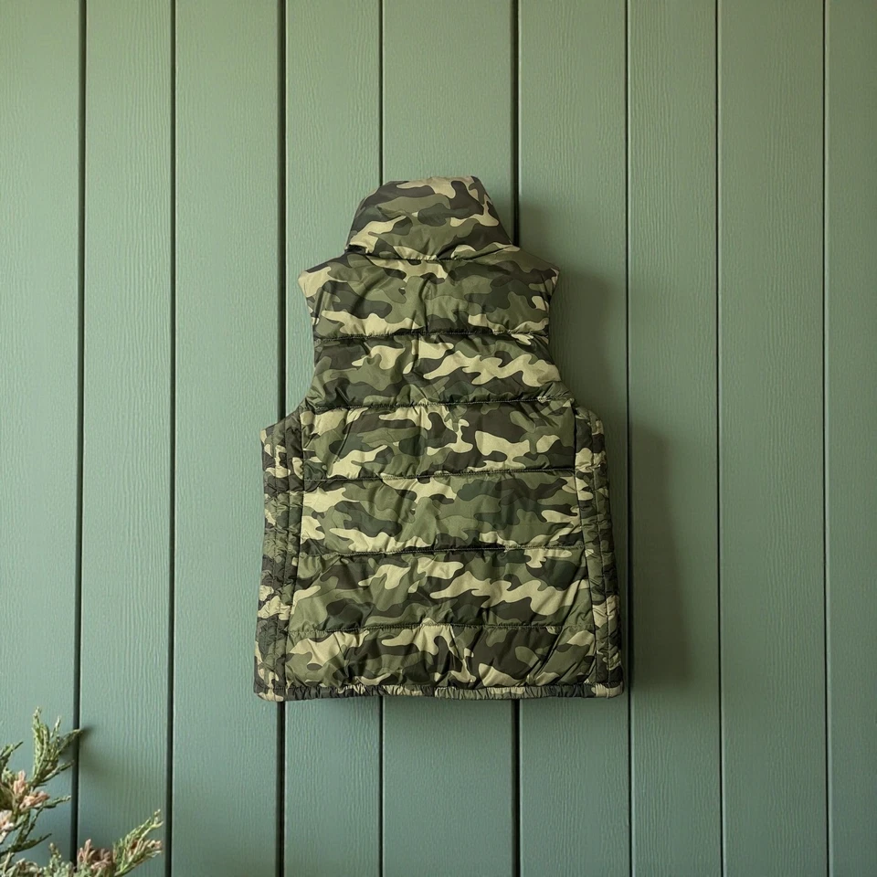 Chaleco acolchado antiguo azul marino para mujer camuflaje verde cremallera cuello alto talla M Foto 4 de 4