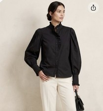 Banana Republic Black Ruffle Neck Blouse Size L Cotton Puff Long Sleeve Top