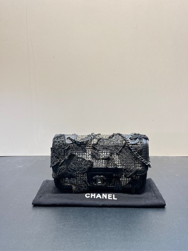 AUTH Chanel Classic Flap Black Mesh Lace Leather Silver Hardware Shoulder Bag