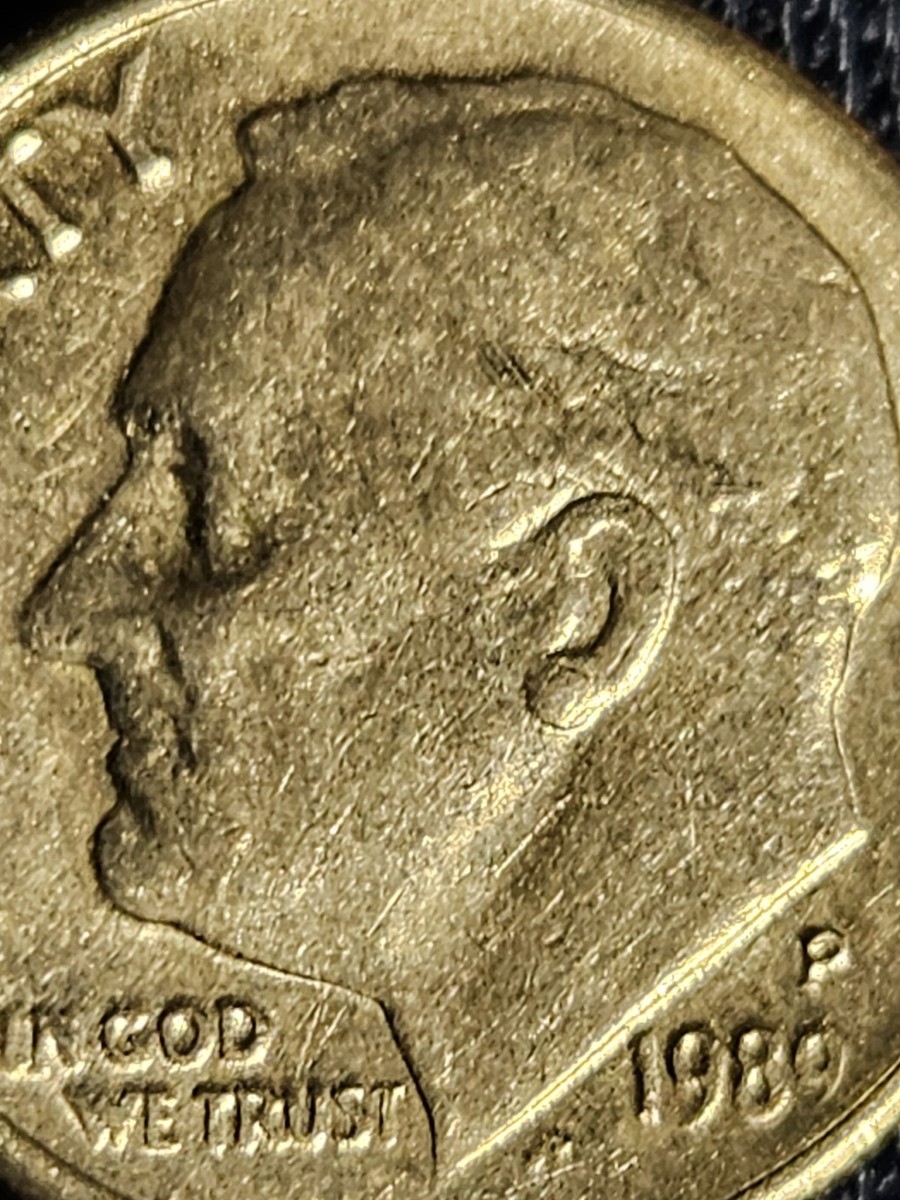 1989 P Roosevelt Dime Errors Struck Off Center, Letters On Rim, 