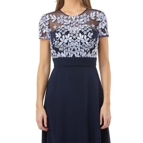 NWT JS Collections Embroidered Illusion Bodice Gown Floral Chiffon Maxi Blue 8 - Image 3 of 4