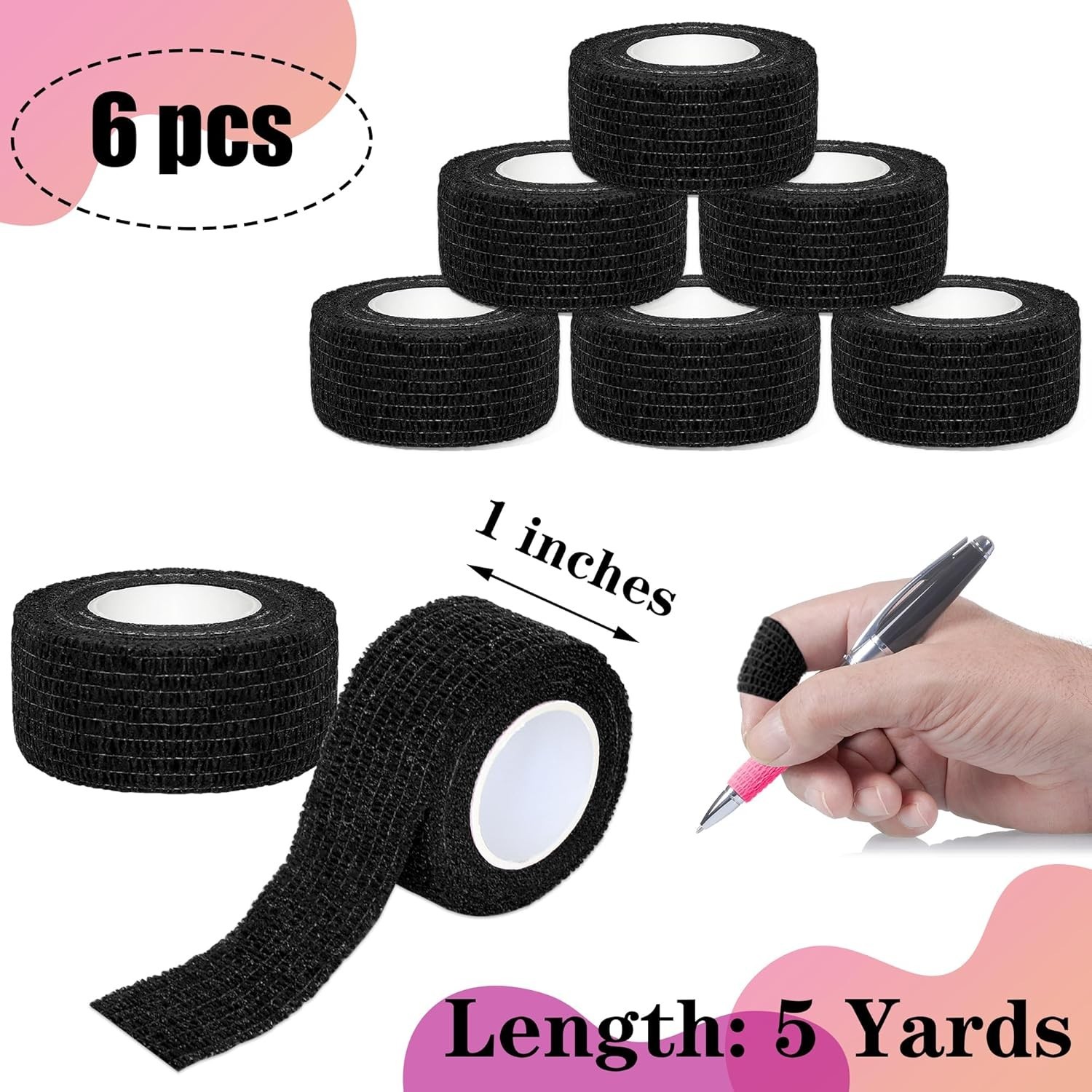 1/6 Pack Black Athletic Sports Tape, Very Strong Adhesive and Hypoallergenic