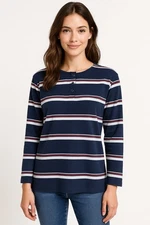 Lands’ End Women S Henley Top Navy Red White Striped 100% Cotton Casual