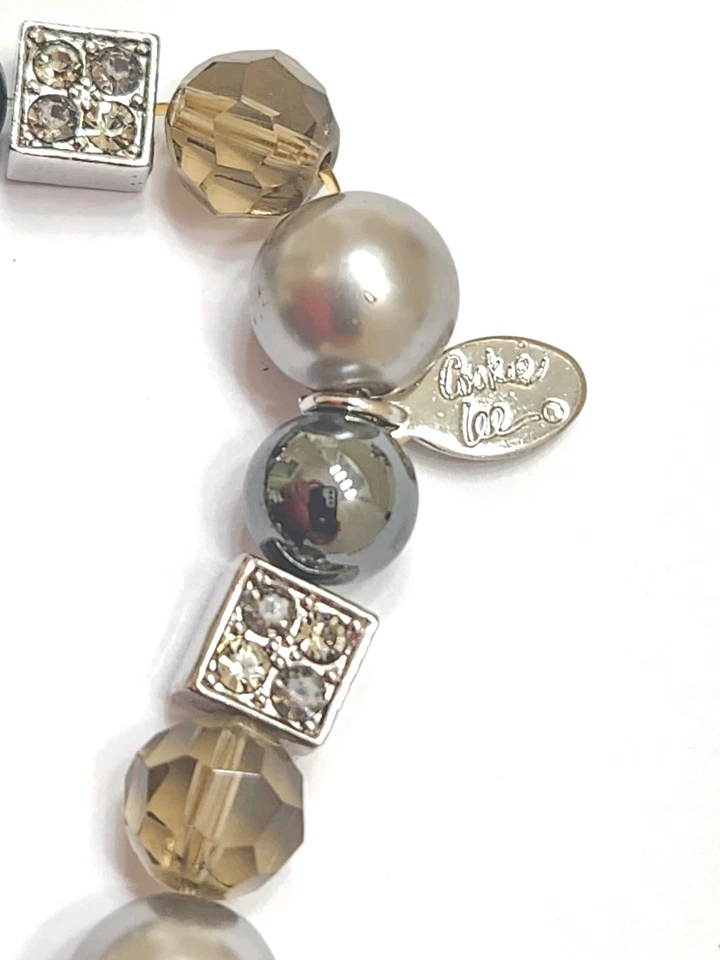 复古 Cookie Lee 方形水钻立方体赤铁矿串珠 6.5 英寸弹力手链 — 第 4/4 张图片