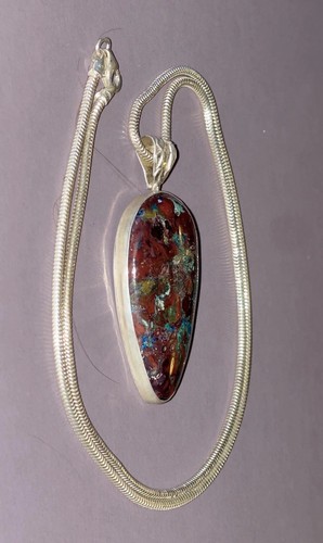 Handmade Large Colorful Azurite Teardrop Pendant, 18" Sterling Snake Chain - Picture 2 of 8