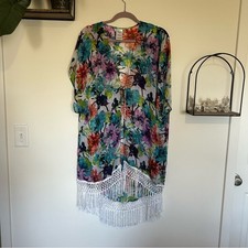 Catalina Floral Print Open Tie Front Fringe Hem Kimono Swim Coverup Medium 8-10