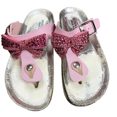 Monnalisa Pink Leather Crystal, Jewel Bow Sandals Cork Little Girls 13 Italy