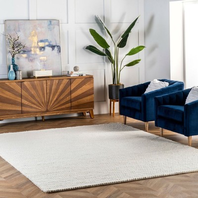 Handmade Contemporary Modern Braided Wool Area Rug White Hand Knitted Chunky Rug
