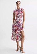 REISS LIVIA PRINTED CUT OUT BACK MIDI DRESS IN PINK/PURPLE