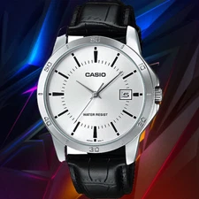 Casio MTP-V004L-7A Mens Analog Watch Leather Band Silver Silver Date Display New