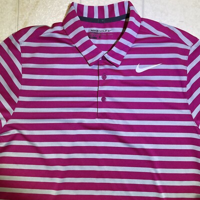 NIKE Dri Fit Golf Polo Shirt Pink Striped Big Swoosh Stretch Mens Size M PGA