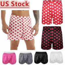 Men's Silky Satin Heart Printed Boxer Shorts Lingerie Underwear Summer Trunks