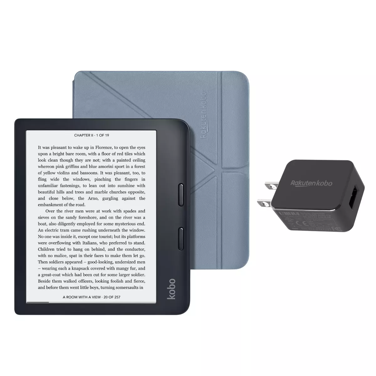 Kobo Libra 2 Black Bundle with Blue SleepCover and AC Adapter | eReader 7
