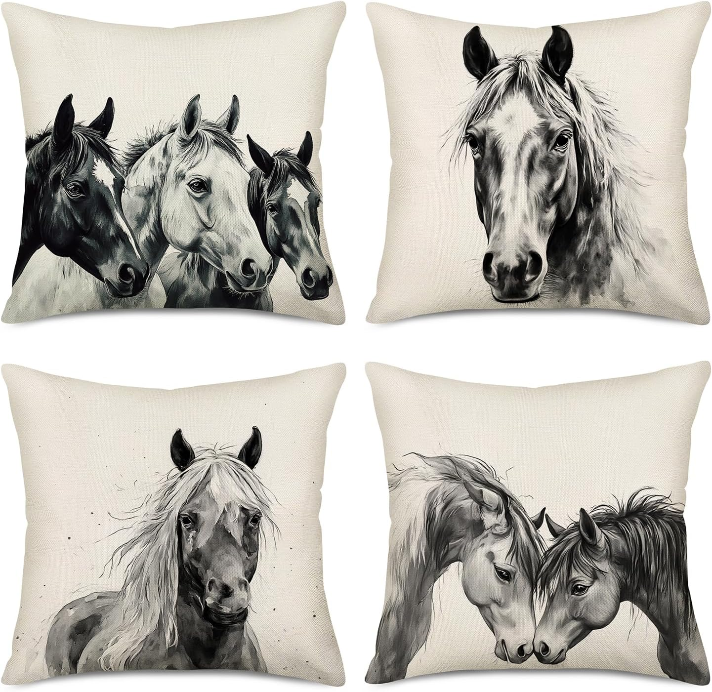 Set of 4 Vintage Black & White Western Horse Throw Pillow Covers