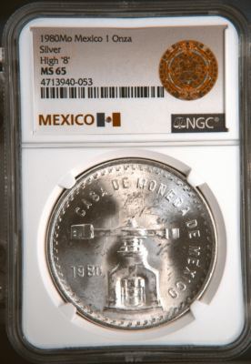 #ad :1980 Mo HIGH 8 1 ONCE MEXICO SILVER BULLION GEM NGC MS 65 RARE R 7 HIGH GRADE $449.50