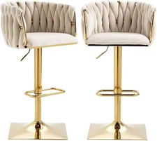 Set of 2 Velvet Swivel Bar Stools Comfy Adjustable Counter Height and Footrest