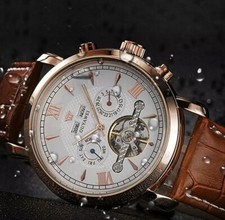 Mens Flywheel Leather Quality Luxury Bling Skeleton Automatic Mechanical Watch