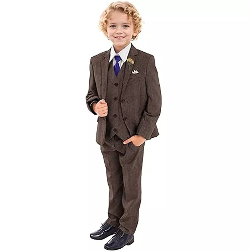 Retro Niños Trajes Ajustados Tweed Espiga Traje Invierno Formal Niños Boda 3 Piezas Foto 3 de 4