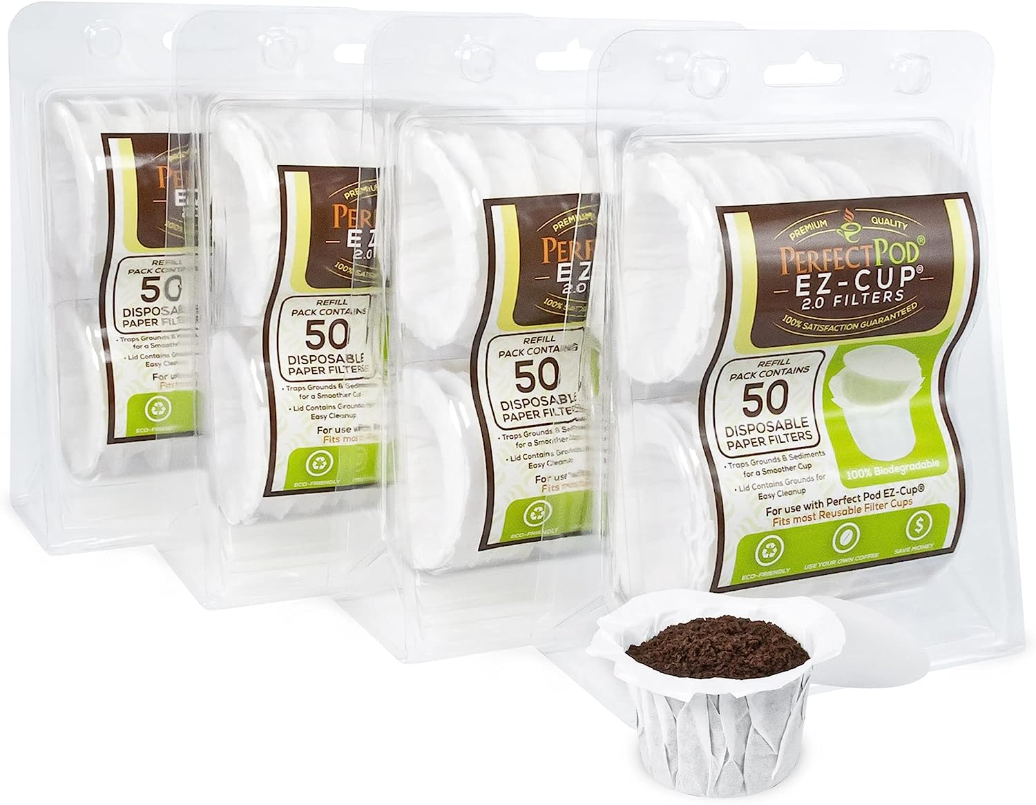 Perfect Pod Ez-Cup Disposable Paper Filters with Patented Lid for Reusable Coffee Pods