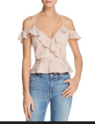 Astr April Cold Shoulder Snap Closure Ruffle Wrap Front Blouse Dusty Pink S NWT