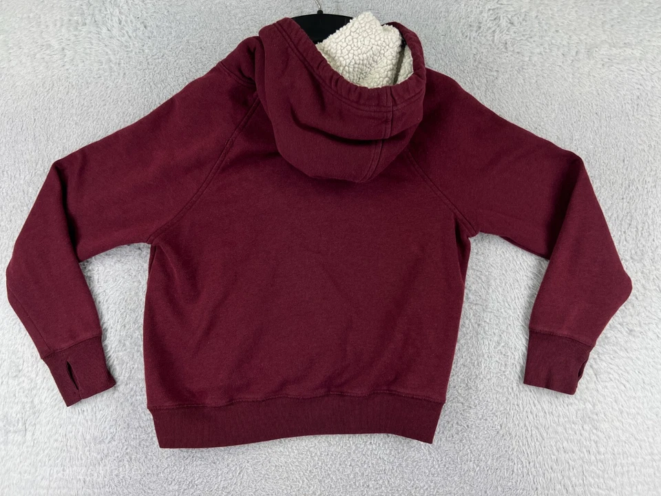 Antiguo Suéter Azul Marino Mujer Pequeño Rojo Con Capucha Mezcla de Algodón Sudadera con Capucha Bolsillo Recortado Foto 2 de 4