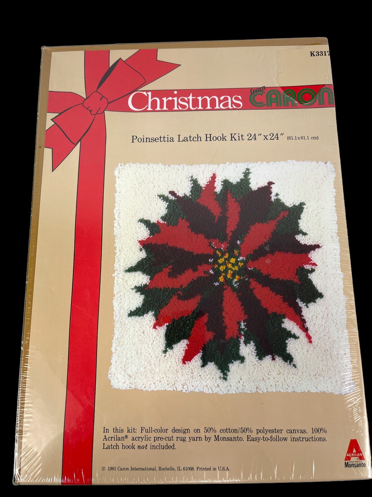 Christmas From Caron Poinsettia Latch Hook Kit Vintage K3317 24”x24