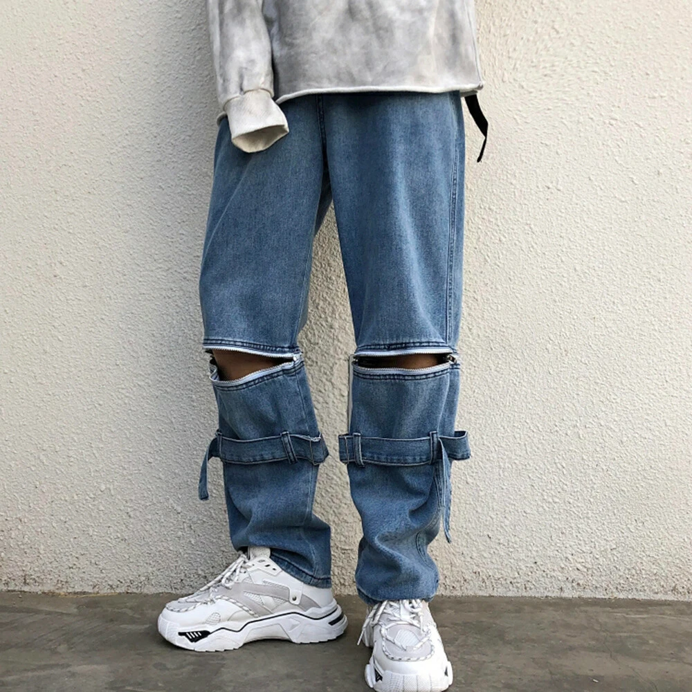 Men Zip Off Denim Pants Belted Design Jeans Trousers Bottoms Casual Retro  Jogger