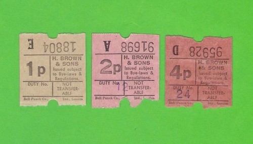 H Brown & Sons of Telford - 3 Ultimate Bus Tickets - 1p 2p 4p - c.1970s