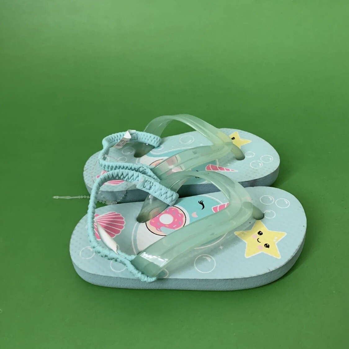 Toddler Girl Narwhal Donut Flip Flops w. Back Strap Sandals Sz 4/5