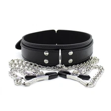 Generic Leather Choker Collar Stainless Steel Chain Adjustable Metal Clamps with