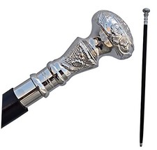 Vintage Walking Cane Wooden Walking Stick Silver Brass Handle knob Black Wood