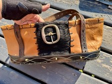 Vintage 70s Handmade Leather Cowhide Hair Hide Boho Hippie Folk Art Purse
