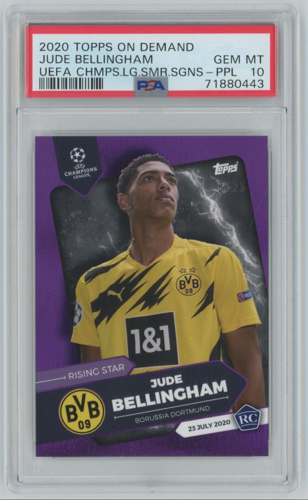 2020 Topps On Demand UCL SS Rising Star PURPLE Jude Bellingham Rookie /25 PSA 10