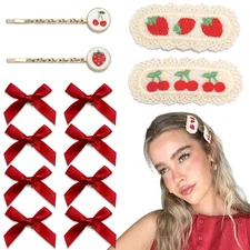 12PCS Red Bow Hair Clips, 3 Styles, Cherry, Strawberry Snap Clip, Y2K Mini Bows