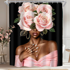 Black Lady Girl Shower Curtain 60Wx72H African American Pink Peony Bathroom  Af