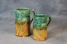 Rare Pair Antique Majolica Ceramic Owl Jugs Green Brown Marked G7 Made England