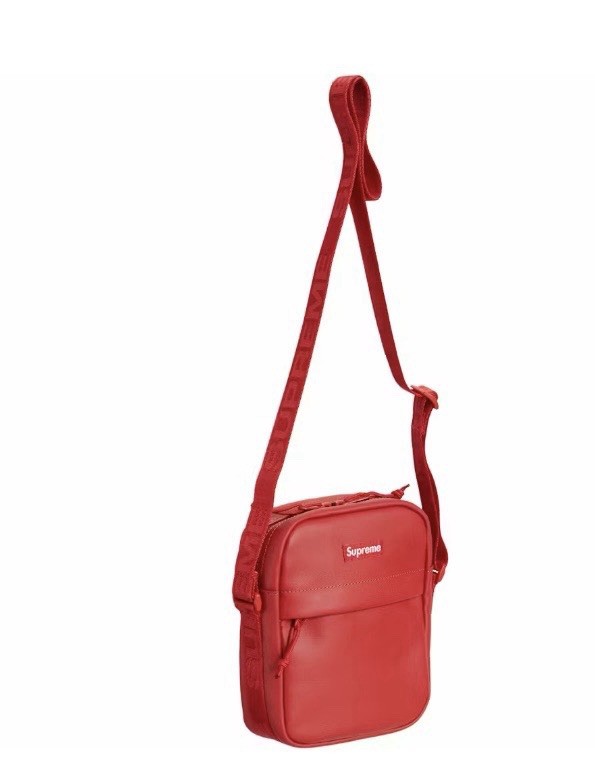 Supreme Red Leather Zip Shoulder Bag for Men Casual Solid Pattern