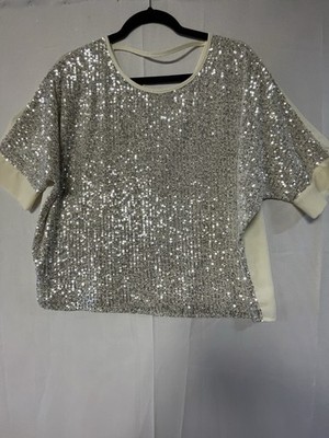 She + Sky Sequin Sparkle Blouse M Medium Silver/Ivory Mixed Media Holiday Event