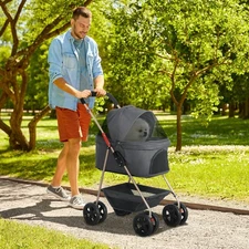 Gray 3in1 Pet Jogging Stroller - 9lbs Capacity 600D Oxford 7" Wheels Single-Hand