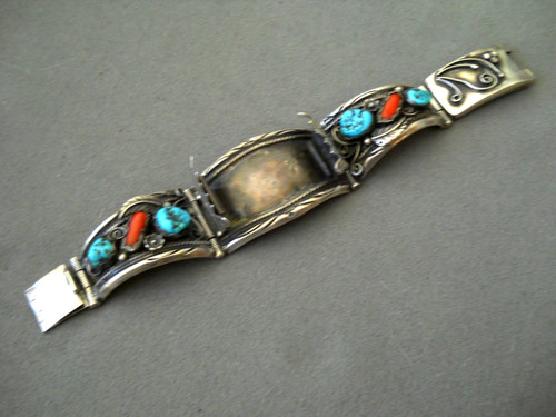 Native American Navajo Turquoise & Coral Sterling Silver Panel Watch Bracelet