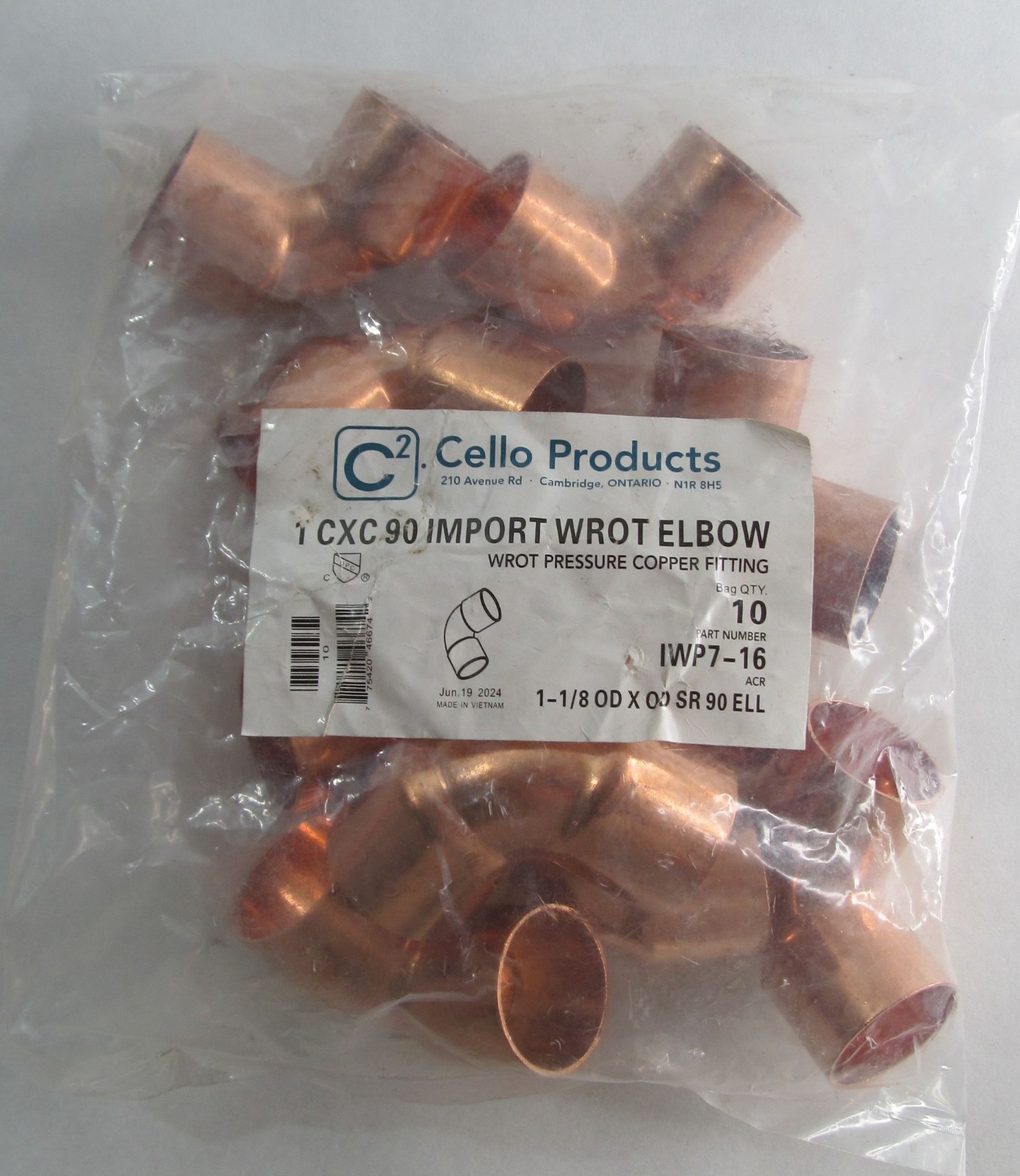 10-PACK CELLO IWP-16 SHORT RADIUS TUBE 1in 90° CXC WROT COPPER ELBOWS 1-1/8 OD
