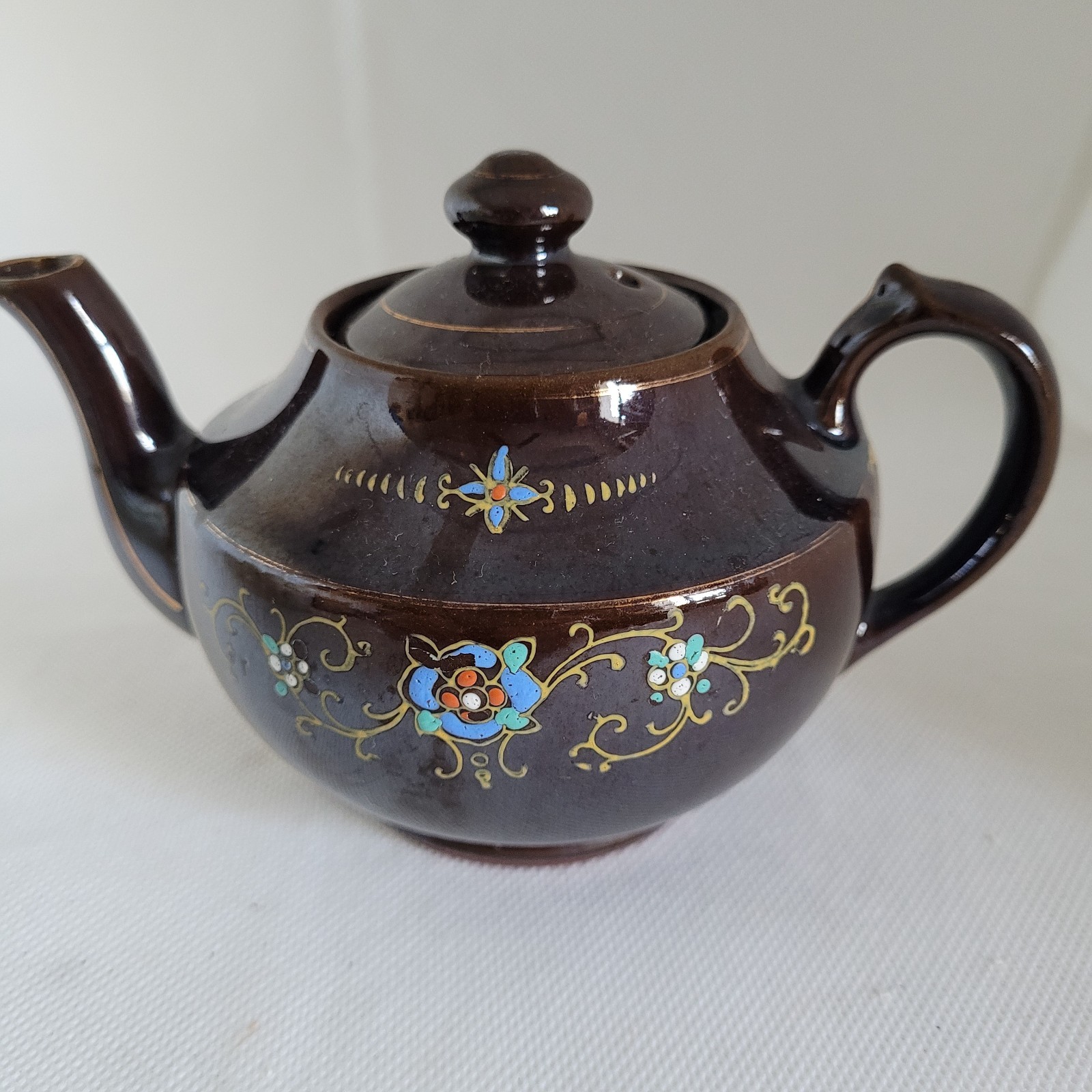 Vintage Floral Ceramic Teapot Brown Tea Pot with Lid Kitchen Decor