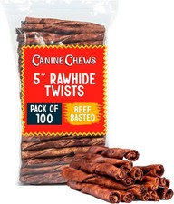Canine Chews Small Rawhide Twists for Dogs - Pack of 100 5" Beef Flavored Rawhid